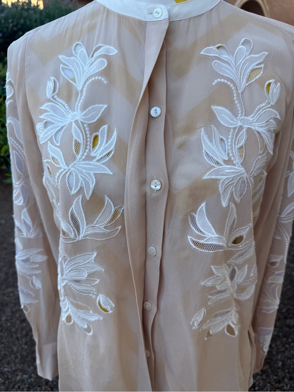 Reiss Sheer Embroidered Floral Button-Up Blouse in Beige - Picture 8 of 15